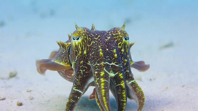 Extreme macro shot of a flamboyant cuttlefish changing color patterns rapidly showing beautiful shifting hues