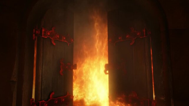 Slow motion static shot of wooden door bursting into flames inside stone archway of medieval castle interior