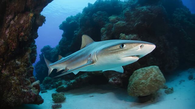 Vibrant Reef Shark Cruising Quietly Through A Deep Ocean Channel Between Beautiful Tropical Coral Walls