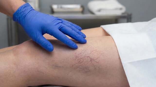 Doctor in blue sterile gloves examining a patient's leg with varicose veins and telangiectasias, palpating the skin to assess the vascular pathology before prescribing treatment