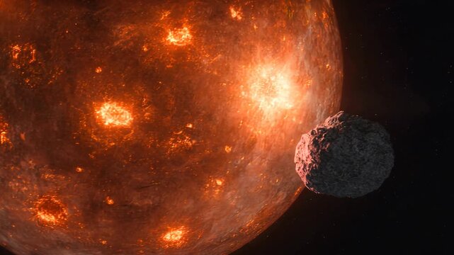 Panning shot following a fast moving space meteoroid zooming past a glowing red dwarf star