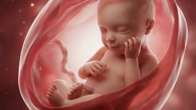 Medically accurate 3d animation showing a human fetus growing and floating inside the amniotic sac, gently moving and smiling peacefully in the late stages of prenatal development