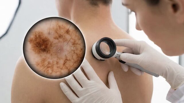 Female doctor performs a dermatoscopy on a man's back, closely examining a mole for signs of melanoma with a specialized magnifying device to ensure early detection and prevention of skin cancer