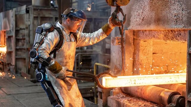Metallurgist in a professional exoskeleton and protective suit working in a steel mill, using tongs to manipulate a red hot metal billet taken from an industrial furnace