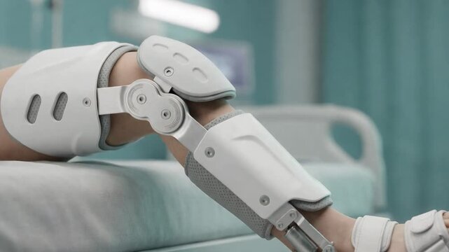 Close up of a person's leg in a modern robotic leg brace automatically bending and straightening the knee, showcasing advanced orthopedic technology for patient recovery in a hospital room