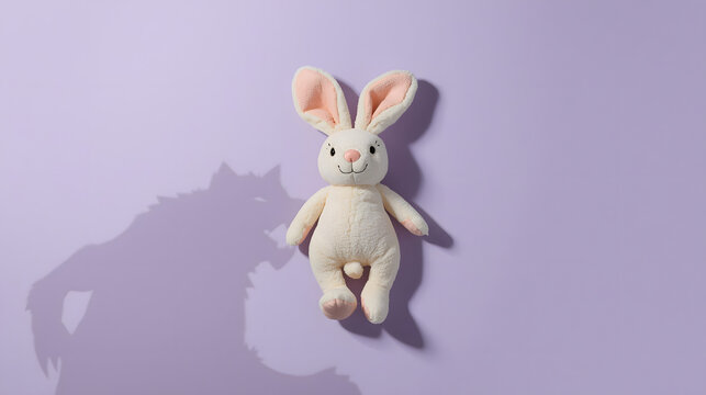 A cute plush toy rabbit sits on a purple background, casting a large, menacing shadow of a wolf or monster on the wall behind it, symbolizing hidden danger or a contrast between innocence and fear