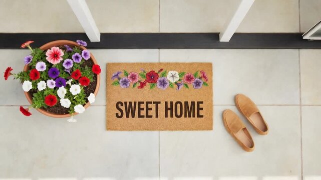 Top down view of a welcoming coir doormat with the phrase sweet home at the entrance of a house, next to a colorful pot of petunias and a pair of brown loafers on a tiled floor