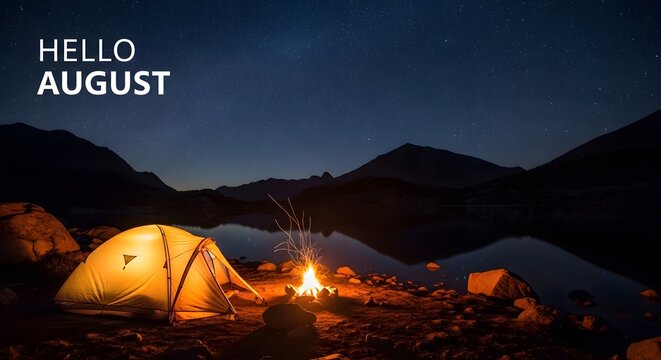 Hello August background with glowing camping tent and campfire by a calm mountain lake under a starry night sky.