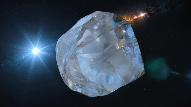 Macro shot of a crystalline space meteorite floating in zero gravity reflecting a colorful rainbow