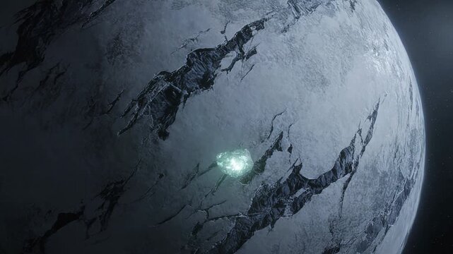 Glowing radioactive space meteor emitting a subtle green aura as it glides silently through universe