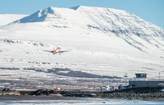 Easyjet Airbus A319 airplane at Akureyri Airport in north Iceland