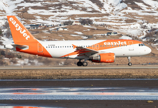 Easyjet Airbus A319 airplane at Akureyri Airport in north Iceland