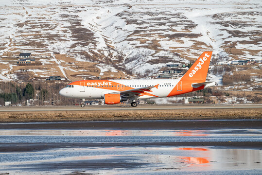 Easyjet Airbus A319 airplane at Akureyri Airport in north Iceland