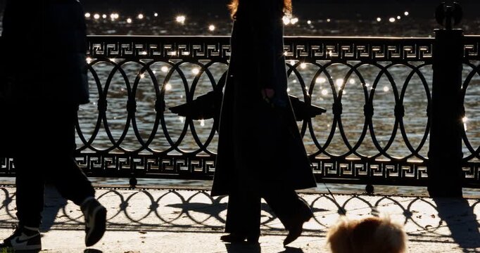 picturesque metal railings with a double-headed eagle and the crown of the Russian Empire on embankment in St. Petersburg, Russia, walking people, sunny autumn day, incredible sun glare Russia