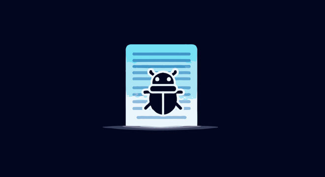 Software bug icon on a digital document, representing code error, vulnerability, debugging, malware, or mobile system problem.