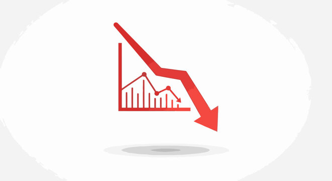 Red arrow pointing down with a graph symbolizing financial decline, economic downturn, market crash, business loss, recession, stock market fall.