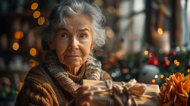 Elderly woman holding a gift box during Christmas.