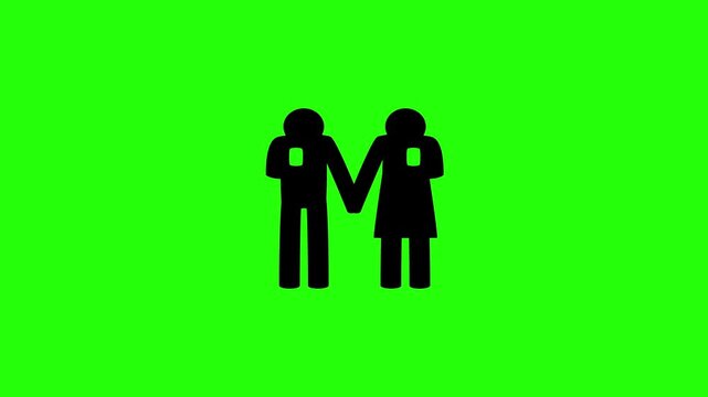 Clean 4K horizontal video showing a stick figures romance couple holding hands while staring at individual smartphones bouncing. High quality dating problem asset.