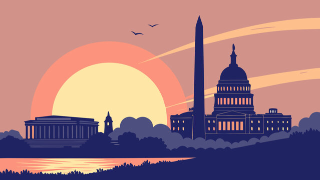 Washington dc skyline with capitol and monument at sunset