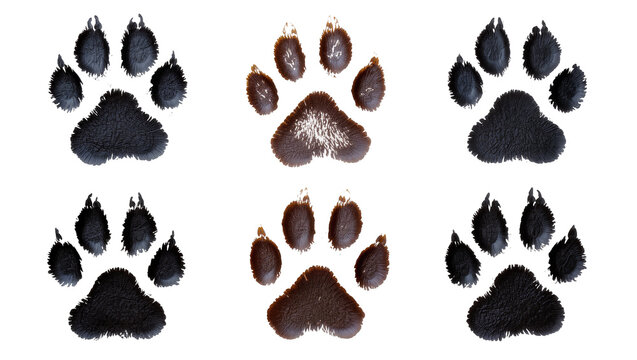 Isolated textured dog and wild animal paw prints in black and brown, organic furry pattern.