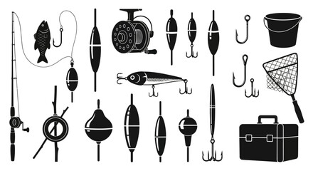 Fishing icons, black silhouette set, 25 vector graphics, fishing gear, tackle, equipment © Shawn