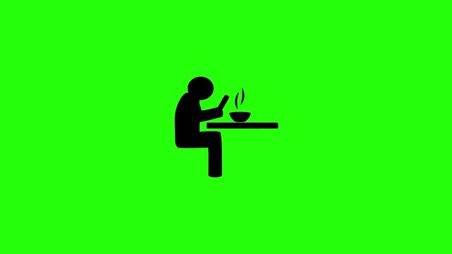 Professional 4K footage of stick figures customer holding smartphone to photograph food bowl before eating silhouette bouncing. High quality dining layout asset.