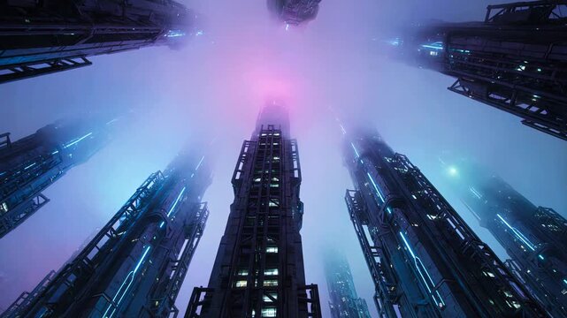 Low angle shot looking up at towering mega structures piercing through a thick neon fog