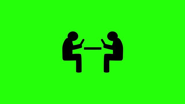 Premium 4K motion graphic of two stick figures people sitting at dining table ignoring each other for smartphones silhouette bouncing. Clean unsocial asset.