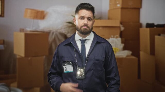 Hispanic man detective wearing visible badge and tie, hand pressed to chest beside packed cardboard boxes and lamp in a building; duty concern.