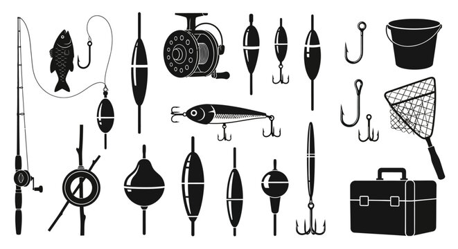 Fishing icons, black silhouette set, 25 vector graphics, fishing gear, tackle, equipment