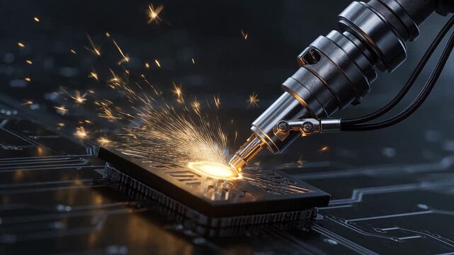 Hyper detailed macro shot of a precision robotic arm assembling a glowing intricate computer microchip