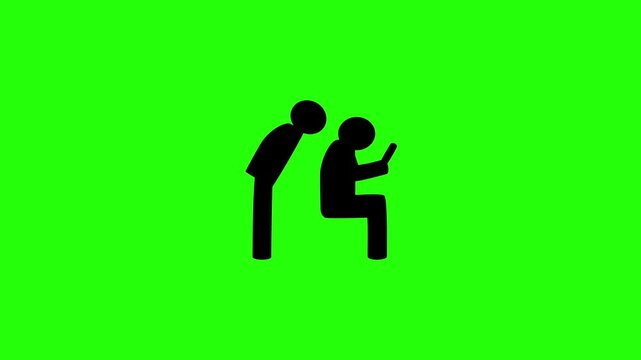 Dynamic 4K resolution asset showing one stick figures person reading smartphone while another peeks over shoulder silhouette bouncing. Playful privacy concept icon.