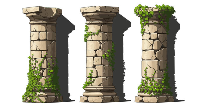 Roman stone pillars, ancient columns, stone pillars with ivy, vector columns