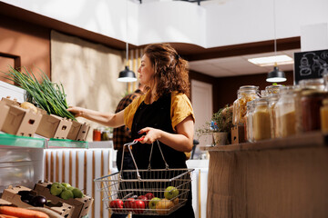 Obraz premium Woman in low carbon footprint zero waste store interested in purchasing food with high nutritional value. Client fills shopping basket with pesticides free produce in local neighborhood shop