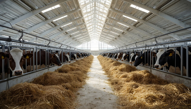 Modern industrial dairy farm barn with Holstein cows