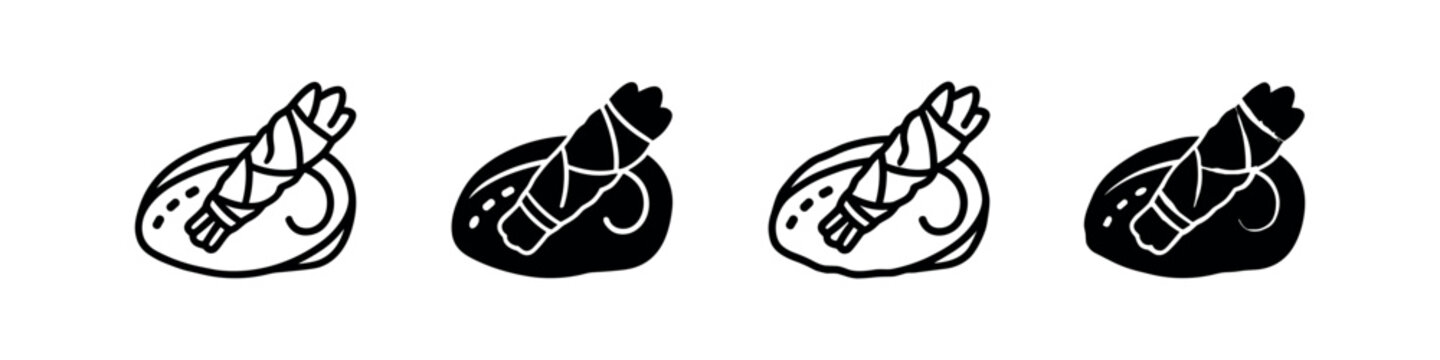 Smudge Stick and Abalone Shell Icon Set - Outline and Solid Glyphs for Spiritual Cleansing Rituals
