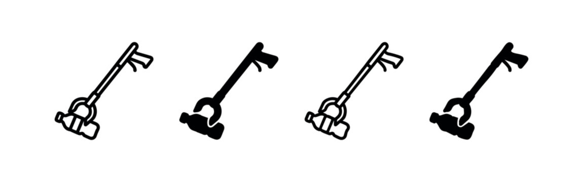 Litter Grabber Tool Picking Up Plastic Bottle Icon Set.