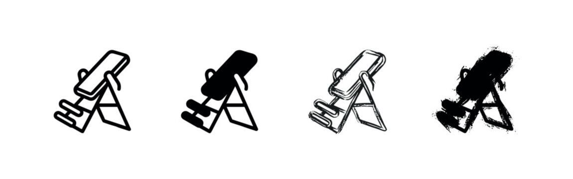 Inversion table icon set in multiple styles, fitness equipment for back pain relief.