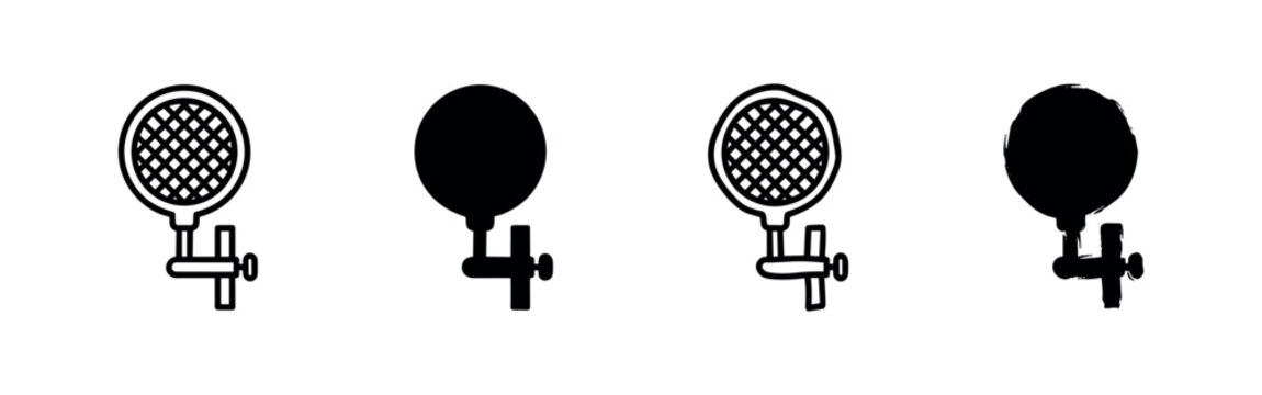 Microphone with clamp stand icon set. Audio recording equipment symbol. Studio mic on adjustable mount outline and glyph vector.