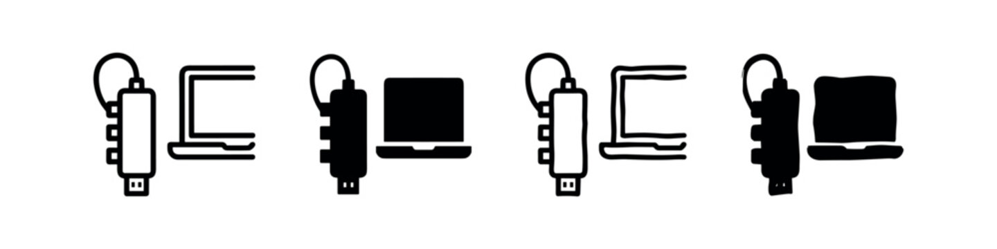 USB hub with laptop icon set. External port expander and computer vector illustration. Technology and connection symbol.