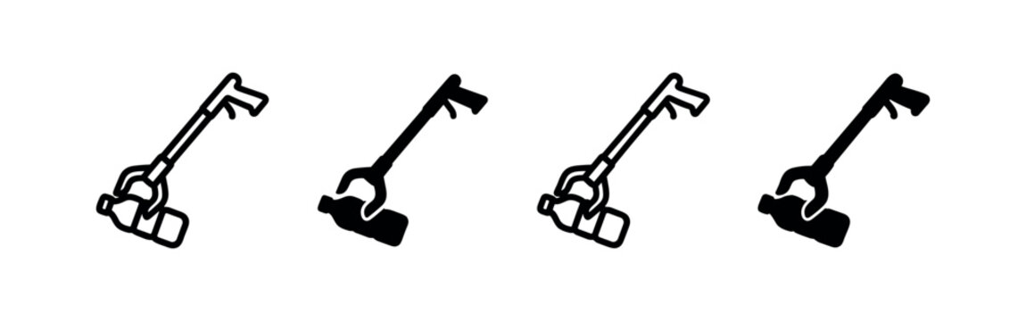 Grabber tool with plastic bottle icon set. Litter picker and recycling vector illustration. Cleanup and environment symbol.