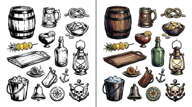 Collection of pirate-themed objects and symbols, including a barrel, mug, rope, food, and nautical elements.
