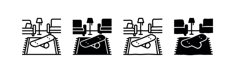 Living room interior with skateboard icon set for hobbies and recreation in various artistic styles. © liubomir118809