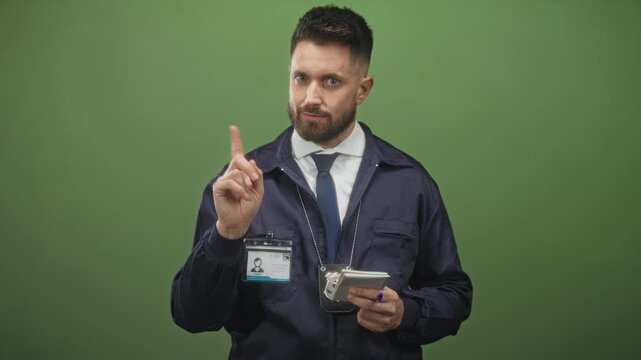Man detective with beard and badge points finger while holding notebook and pen, visible hand and id badge, wearing tie and navy jacket in studio; authority duty.
