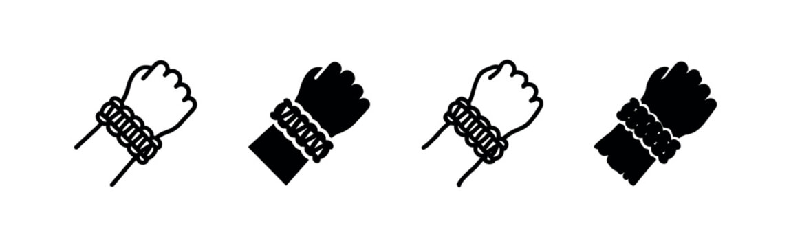Paracord bracelet icons set, survival accessory on wrist, outline and solid style vector illustration.