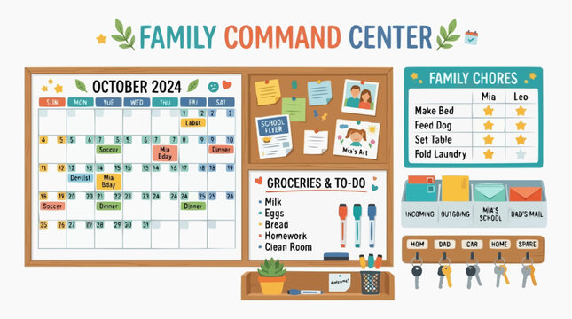 Family Command Center: A vibrant and organized family command center featuring a calendar, chore chart, grocery list, and key hooks, designed to manage household tasks and appointments efficiently.