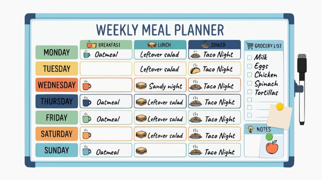 Weekly Meal Planner Whiteboard: A comprehensive weekly meal planner displayed on a whiteboard, detailing breakfast, lunch, and dinner for each day, alongside a grocery list and notes.
