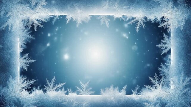 Beautiful winter background with a frame made of ice crystals and snowflakes. Christmas theme video background aesthetic.