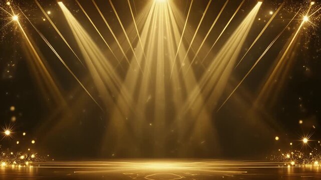Abstract golden stage background with bright spotlights and glowing particles for event presentation.