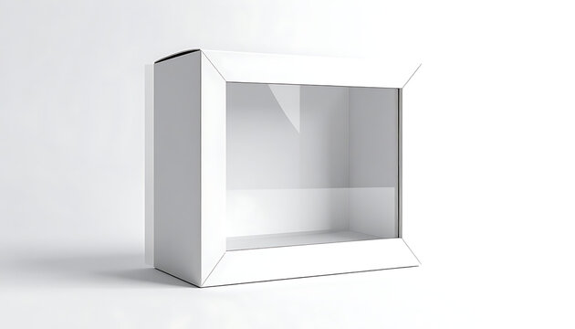 Empty white display box with transparent window, isolated on a light gray background, product packaging mockup